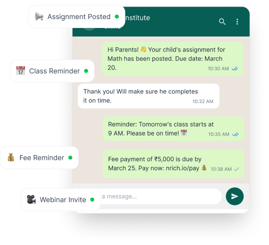 WhatsApp automation chat with assignment, class, fee, and webinar reminders for 
students.